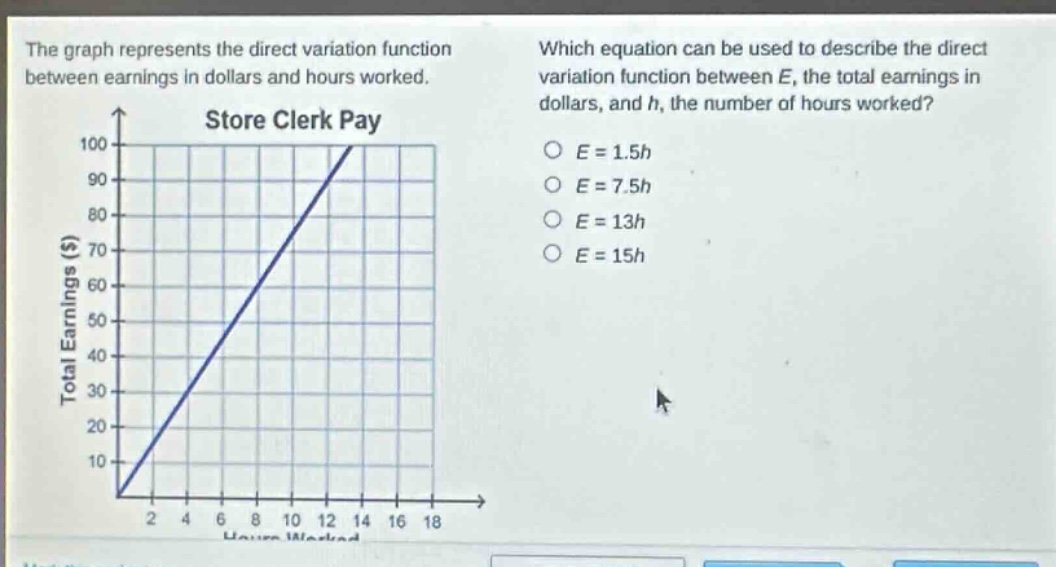 the graph represents the direct variation function between earnings in dollars and hours worked. which equation can be used to describe the direct variation function between e, the total earnings in dollars, and h, the number of hours worked? store clerk pay total earnings ($) 100 90 80 70 60 50 40 30 20 10 0 2 4 6 8 10 12 14 16 18 hours worked o e = 1.5h o e = 7.5h o e = 13h o e = 15h