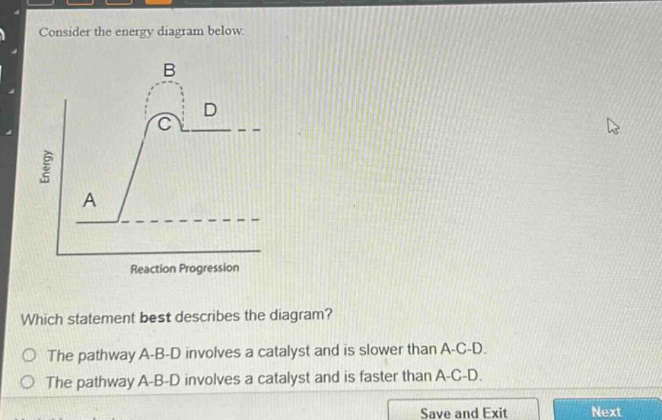 consider the energy diagram below. which statement best describes the diagram? the pathway a - b - d involves a catalyst and is slower than a - c - d. the pathway a - b - d involves a catalyst and is faster than a - c - d.