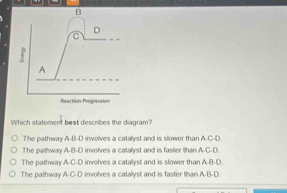 which statement best describes the diagram?\nthe pathway a - b - d involves a catalyst and is slower than a - c - d.\nthe pathway a - b - d involves a catalyst and is faster than a - c - d.\nthe pathway a - c - d involves a catalyst and is slower than a - b - d.\nthe pathway a - c - d involves a catalyst and is faster than a - b - d.