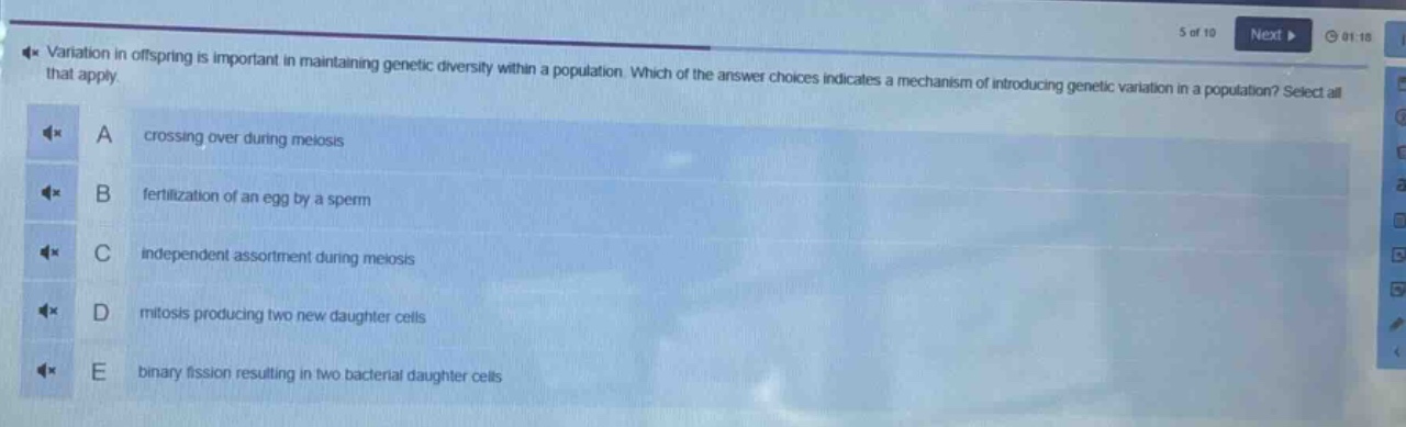 variation in offspring is important in maintaining genetic diversity within a population. which of the answer choices indicates a mechanism of introducing genetic variation in a population? select all that apply.\na crossing over during meiosis\nb fertilization of an egg by a sperm\nc independent assortment during meiosis\nd mitosis producing two new daughter cells\ne binary fission resulting in two bacterial daughter cells