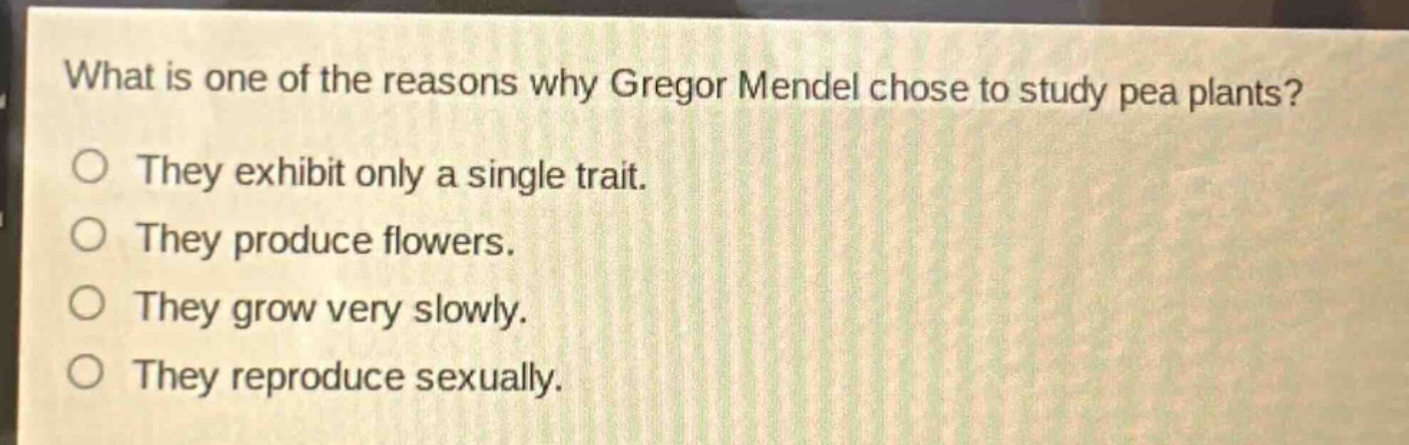 what is one of the reasons why gregor mendel chose to study pea plants?\no they exhibit only a single trait.\no they produce flowers.\no they grow very slowly.\no they reproduce sexually.