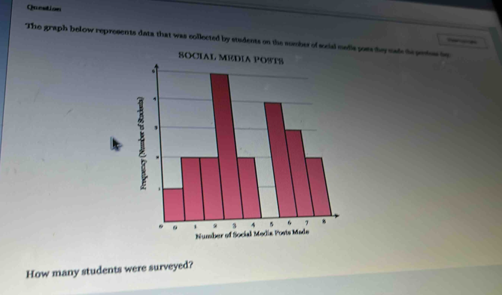 the graph below represents data that was collected by students on the number of social media posts they made the previous day. social media posts how many students were surveyed?