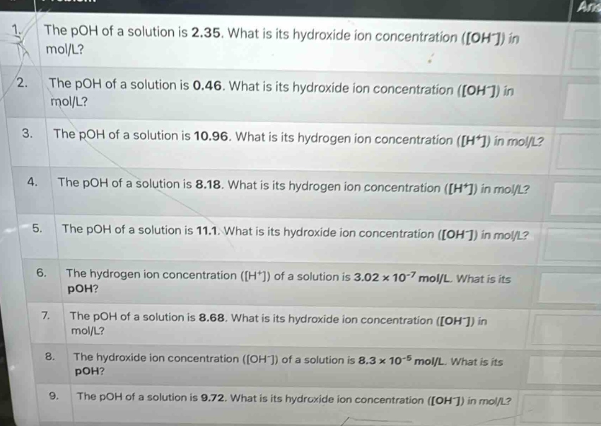 1. the poh of a solution is 2.35. what is its hydroxide ion concentration (oh⁻) in mol/l?\n2. the poh of a solution is 0.46. what is its hydroxide ion concentration (oh⁻) in mol/l?\n3. the poh of a solution is 10.96. what is its hydrogen ion concentration (h⁺) in mol/l?\n4. the poh of a solution is 8.18. what is its hydrogen ion concentration (h⁺) in mol/l?\n5. the poh of a solution is 11.1. what is its hydroxide ion concentration (oh⁻) in mol/l?\n6. the hydrogen ion concentration (h⁺) of a solution is 3.02×10⁻⁷ mol/l. what is its poh?\n7. the poh of a solution is 8.68. what is its hydroxide ion concentration (oh⁻) in mol/l?\n8. the hydroxide ion concentration (oh⁻) of a solution is 8.3×10⁻⁵ mol/l. what is its poh?\n9. the poh of a solution is 9.72. what is its hydroxide ion concentration (oh⁻) in mol/l?