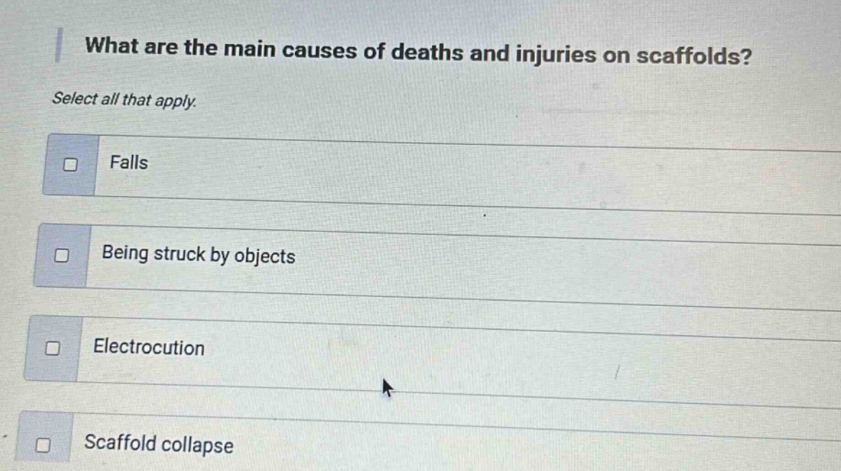 what are the main causes of deaths and injuries on scaffolds? select all that apply. falls being struck by objects electrocution scaffold collapse