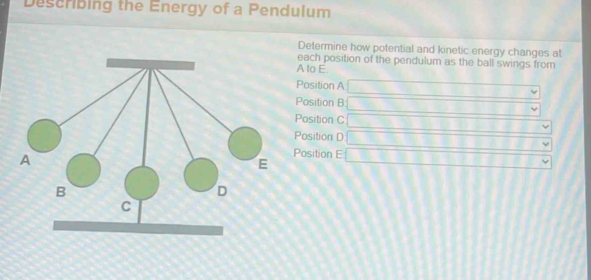 describing the energy of a pendulum\ndetermine how potential and kinetic energy changes at each position of the pendulum as the ball swings from a to e.\nposition a:\nposition b:\nposition c:\nposition d:\nposition e: