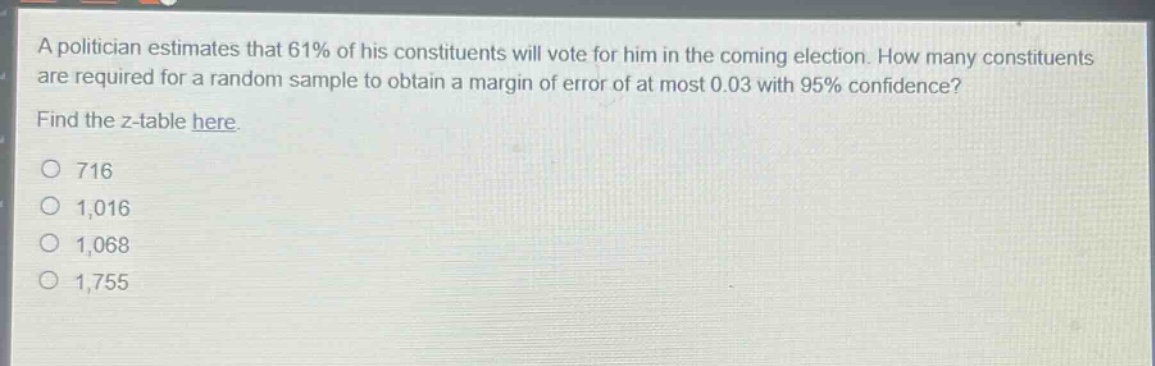 a politician estimates that 61% of his constituents will vote for him in the coming election. how many constituents are required for a random sample to obtain a margin of error of at most 0.03 with 95% confidence? find the z - table here. 716 1,016 1,068 1,755