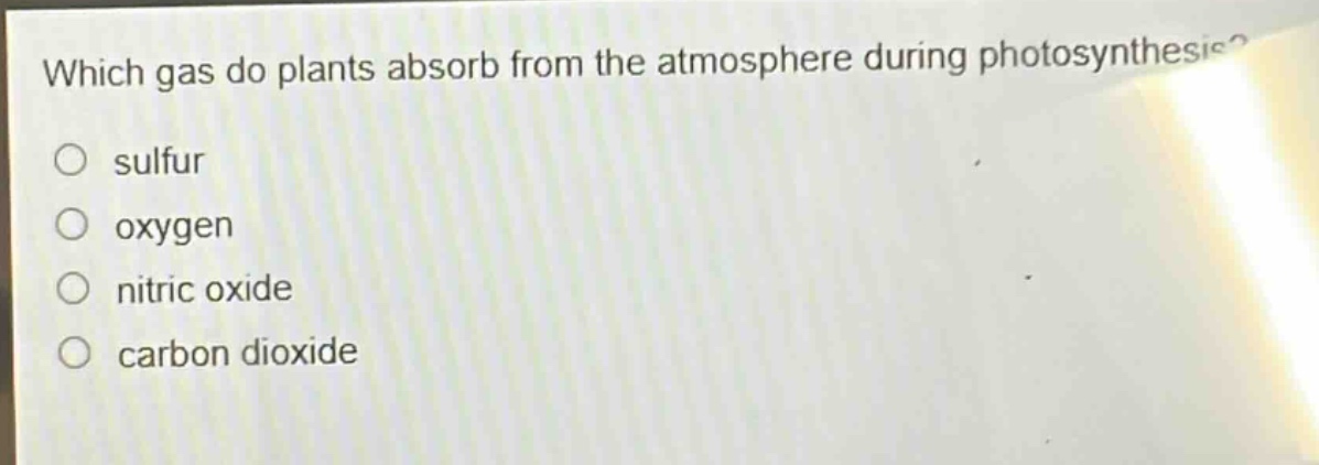 which gas do plants absorb from the atmosphere during photosynthesis?\n○ sulfur\n○ oxygen\n○ nitric oxide\n○ carbon dioxide