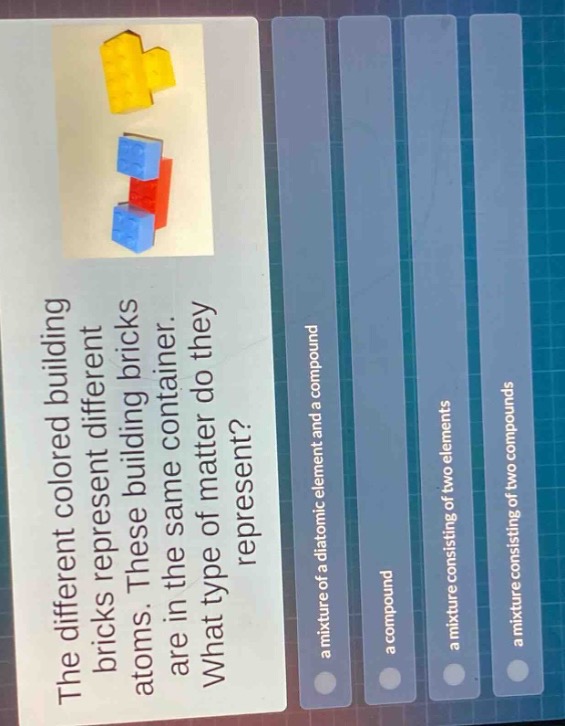 the different colored building bricks represent different atoms. these building bricks are in the same container. what type of matter do they represent? a mixture of a diatomic element and a compound a compound a mixture consisting of two elements a mixture consisting of two compounds