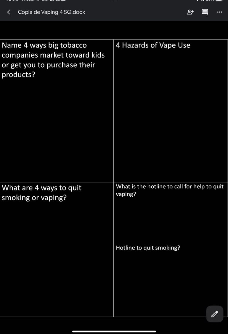 name 4 ways big tobacco companies market toward kids or get you to purchase their products?\n4 hazards of vape use\nwhat are 4 ways to quit smoking or vaping?\nwhat is the hotline to call for help to quit vaping?\nhotline to quit smoking?