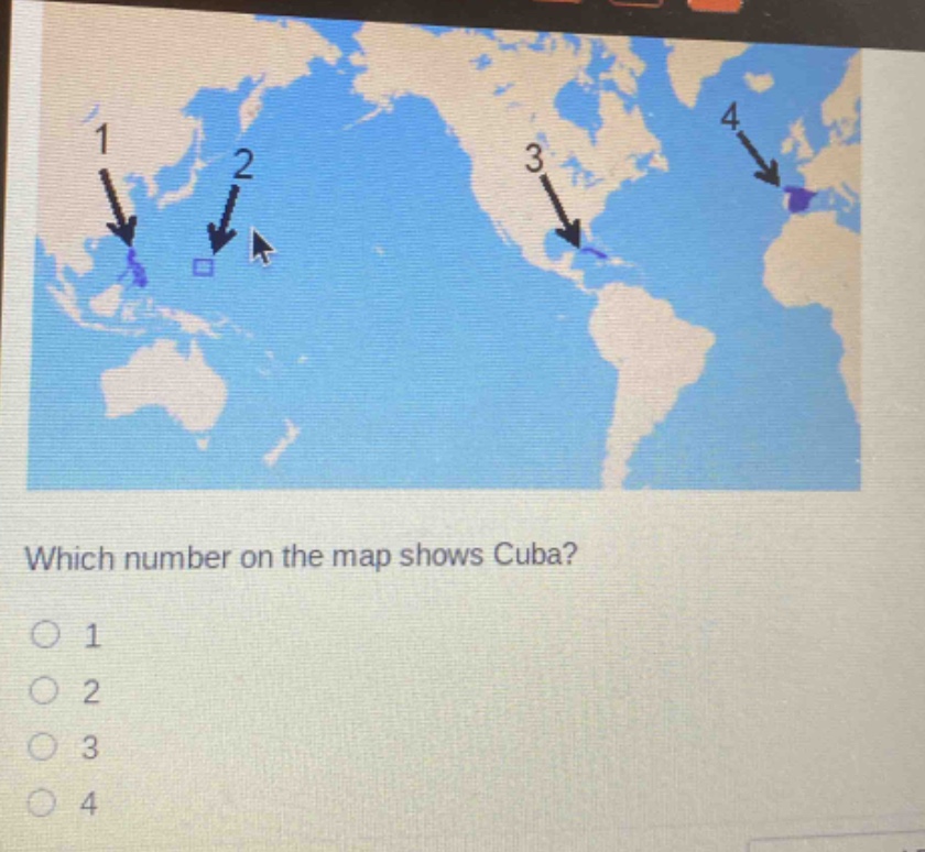 which number on the map shows cuba?\n1\n2\n3\n4