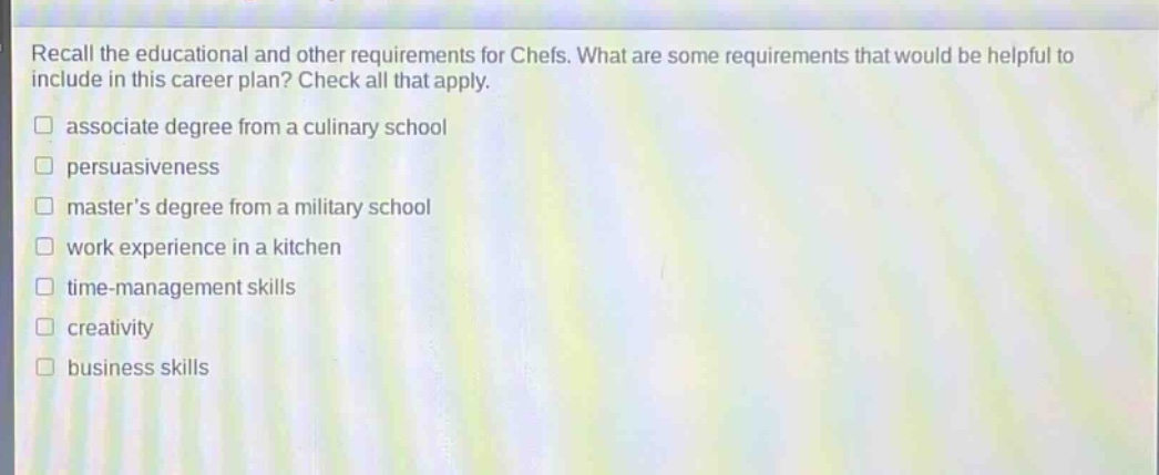 recall the educational and other requirements for chefs. what are some requirements that would be helpful to include in this career plan? check all that apply.\nassociate degree from a culinary school\npersuasiveness\nmasters degree from a military school\nwork experience in a kitchen\ntime - management skills\ncreativity\nbusiness skills