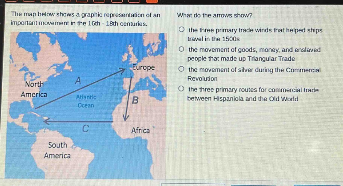the map below shows a graphic representation of an important movement in the 16th - 18th centuries. what do the arrows show? the three primary trade winds that helped ships travel in the 1500s the movement of goods, money, and enslaved people that made up triangular trade the movement of silver during the commercial revolution the three primary routes for commercial trade between hispaniola and the old world