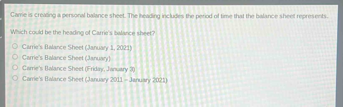 carrie is creating a personal balance sheet. the heading includes the period of time that the balance sheet represents. which could be the heading of carries balance sheet? carries balance sheet (january 1, 2021) carries balance sheet (january) carries balance sheet (friday, january 3) carries balance sheet (january 2011 - january 2021)