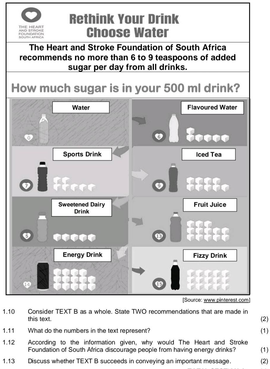 1.10 consider text b as a whole. state two recommendations that are made in this text. (2)\n1.11 what do the numbers in the text represent? (1)\n1.12 according to the information given, why would the heart and stroke foundation of south africa discourage people from having energy drinks? (1)\n1.13 discuss whether text b succeeds in conveying an important message. (2)\nthe heart and stroke foundation of south africa recommends no more than 6 to 9 teaspoons of added sugar per day from all drinks.\nhow much sugar is in your 500 ml drink?\nwater\nflavoured water\nsports drink\niced tea\nsweetened dairy drink\nfruit juice\nenergy drink\nfizzy drink