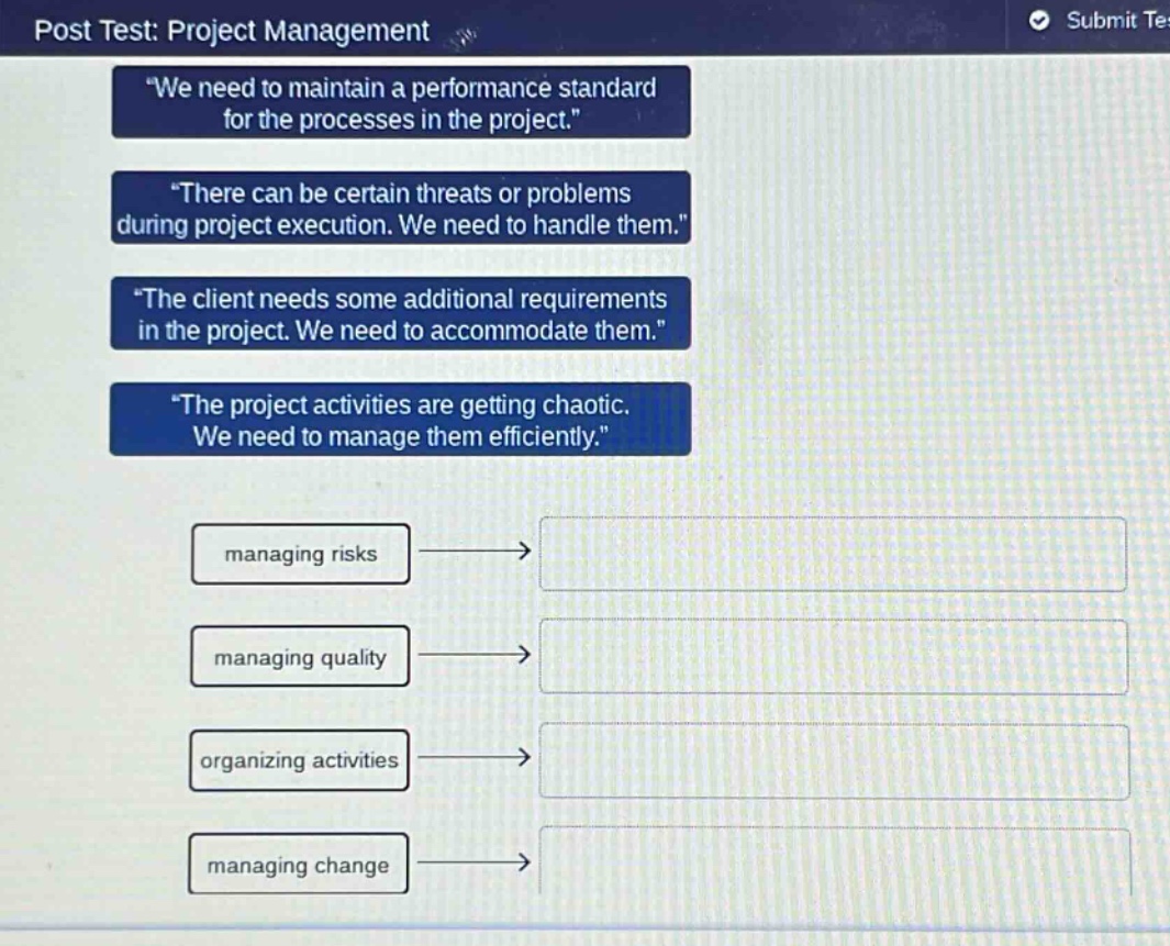 post test: project management\n\we need to maintain a performance standard for the processes in the project.\\n\there can be certain threats or problems during project execution. we need to handle them.\\n\the client needs some additional requirements in the project. we need to accommodate them.\\n\the project activities are getting chaotic. we need to manage them efficiently.\\nmanaging risks\nmanaging quality\norganizing activities\nmanaging change