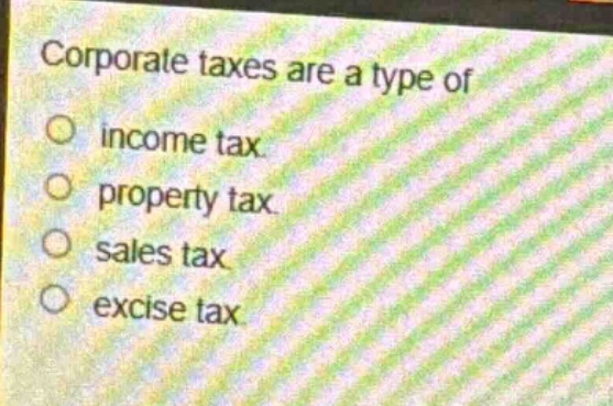 corporate taxes are a type of\nincome tax\nproperty tax\nsales tax\nexcise tax