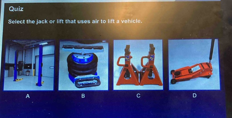 quiz\nselect the jack or lift that uses air to lift a vehicle.