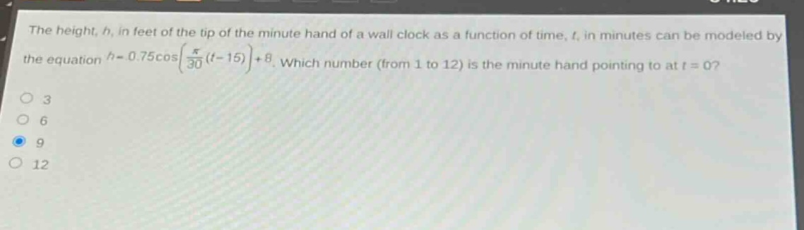 the height, h, in feet of the tip of the minute hand of a wall clock as a function of time, t, in minutes can be modeled by the equation $h = 0.75cosleft(\frac{pi}{30}(t - 15)\right)+8$. which number (from 1 to 12) is the minute hand pointing to at $t = 0$?\n3\n6\n9\n12