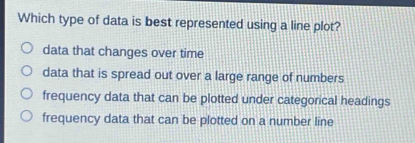 which type of data is best represented using a line plot?\no data that changes over time\no data that is spread out over a large range of numbers\no frequency data that can be plotted under categorical headings\no frequency data that can be plotted on a number line