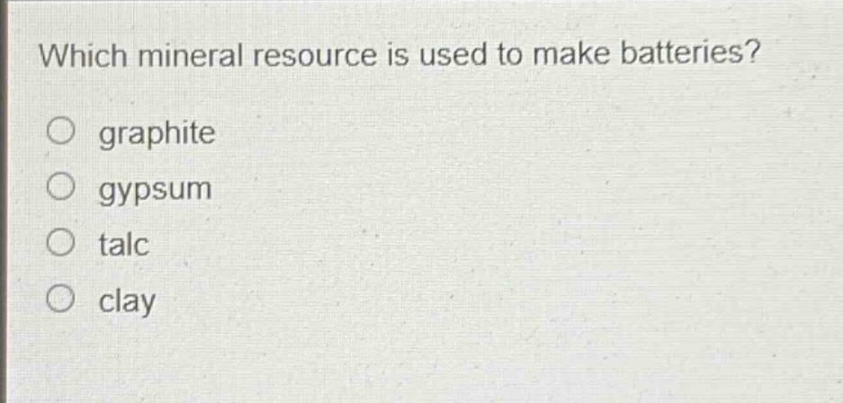 which mineral resource is used to make batteries?\ngraphite\ngypsum\ntalc\nclay