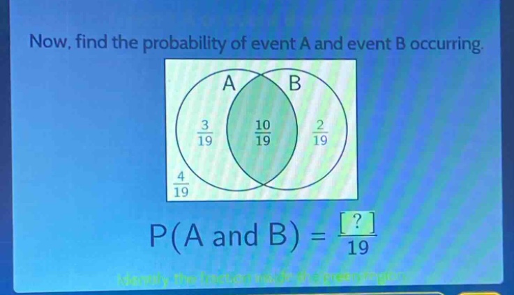 now, find the probability of event a and event b occurring. p(a and b) = \frac{?}{19}
