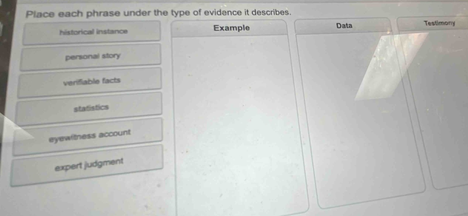 place each phrase under the type of evidence it describes. historical instance personal story verifiable facts statistics eyewitness account expert judgment example data testimony