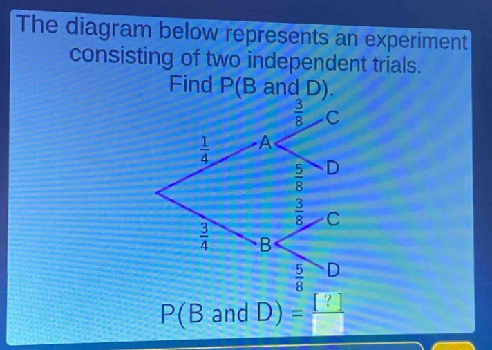 the diagram below represents an experiment consisting of two independent trials. find p(b and d). p(b and d) = ?