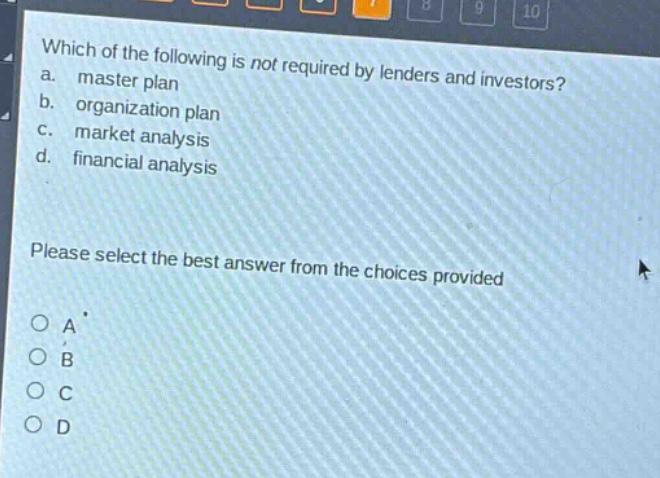 which of the following is not required by lenders and investors? a. master plan b. organization plan c. market analysis d. financial analysis please select the best answer from the choices provided
