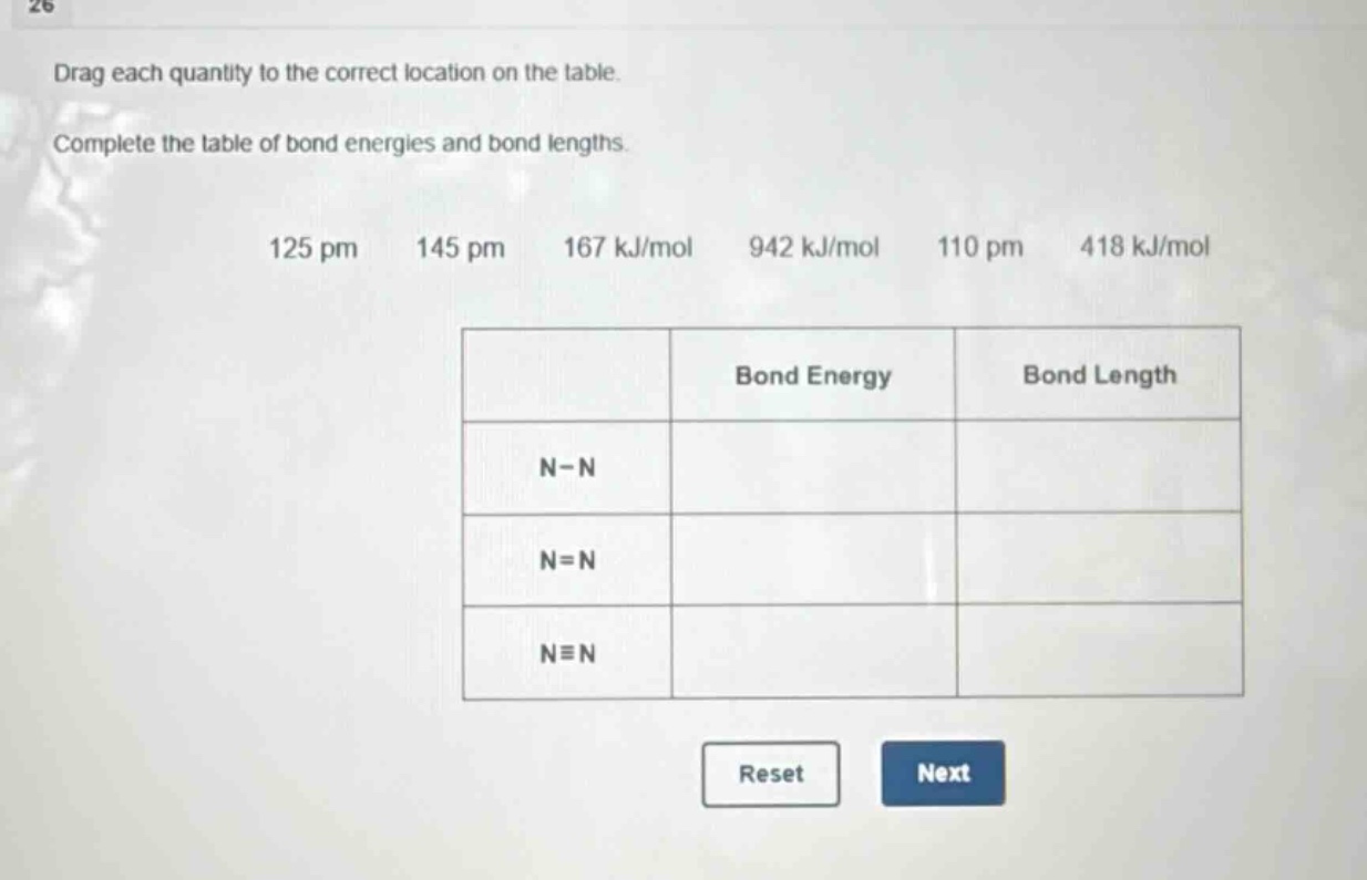 drag each quantity to the correct location on the table. complete the table of bond energies and bond lengths. 125 pm 145 pm 167 kj/mol 942 kj/mol 110 pm 418 kj/mol bond energy bond length n - n n = n n ≡ n reset next
