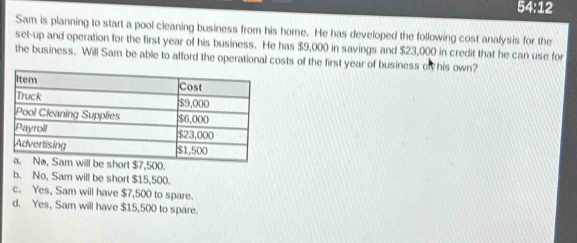 sam is planning to start a pool cleaning business from his home. he has developed the following cost analysis for the set - up and operation for the first year of his business. he has $9,000 in savings and $23,000 in credit that he can use for the business. will sam be able to afford the operational costs of the first year of business on his own?\n|item|cost|\n|----|----|\n|truck|$9,000|\n|pool cleaning supplies|$6,000|\n|payroll|$23,000|\n|advertising|$1,500|\n a. no, sam will be short $7,500.\n b. no, sam will be short $15,500.\n c. yes, sam will have $7,500 to spare.\n d. yes, sam will have $15,500 to spare.