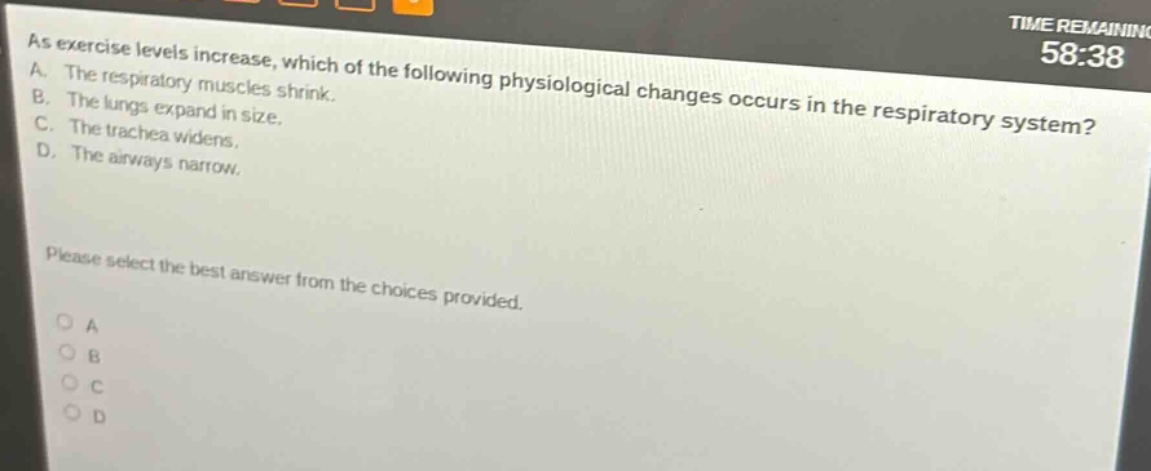 as exercise levels increase, which of the following physiological changes occurs in the respiratory system? a. the respiratory muscles shrink. b. the lungs expand in size. c. the trachea widens. d. the airways narrow. please select the best answer from the choices provided.