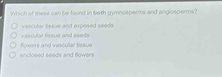 which of these can be found in both gymnosperms and angiosperms?\nvascular tissue and exposed seeds\nvascular tissue and seeds\nflowers and vascular tissue\nenclosed seeds and flowers