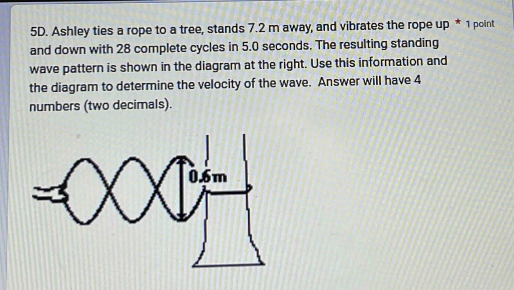 5d. ashley ties a rope to a tree, stands 7.2 m away, and vibrates the rope up and down with 28 complete cycles in 5.0 seconds. the resulting standing wave pattern is shown in the diagram at the right. use this information and the diagram to determine the velocity of the wave. answer will have 4 numbers (two decimals).