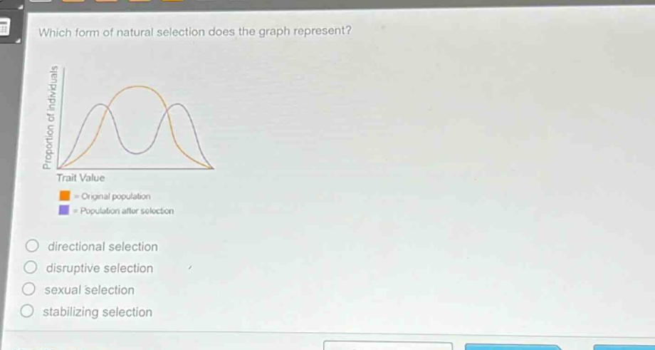 which form of natural selection does the graph represent?\nproportion of individuals\ntrait value\norange = original population\npurple = population after selection\ndirectional selection\ndisruptive selection\nsexual selection\nstabilizing selection