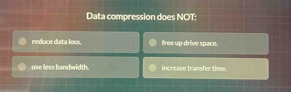 data compression does not: reduce data loss. free up drive space. use less bandwidth. increase transfer time.