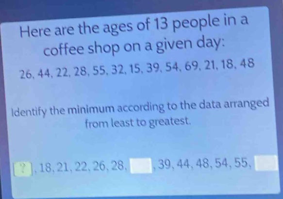 here are the ages of 13 people in a coffee shop on a given day: 26, 44, 22, 28, 55, 32, 15, 39, 54, 69, 21, 18, 48. identify the minimum according to the data arranged from least to greatest. ? , 18, 21, 22, 26, 28, , 39, 44, 48, 54, 55,
