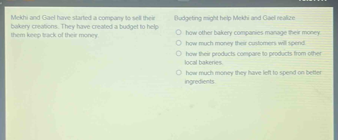 mekhi and gael have started a company to sell their bakery creations. they have created a budget to help them keep track of their money. budgeting might help mekhi and gael realize how other bakery companies manage their money. how much money their customers will spend. how their products compare to products from other local bakeries. how much money they have left to spend on better ingredients.