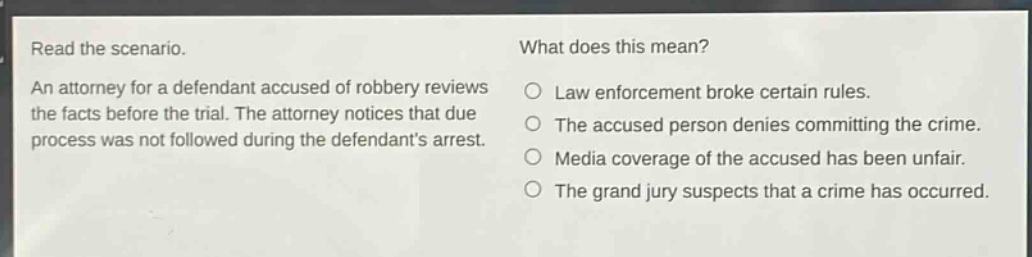 read the scenario. an attorney for a defendant accused of robbery reviews the facts before the trial. the attorney notices that due process was not followed during the defendants arrest. what does this mean? law enforcement broke certain rules. the accused person denies committing the crime. media coverage of the accused has been unfair. the grand jury suspects that a crime has occurred.