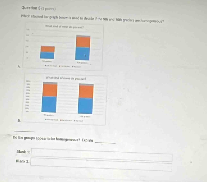 question 5 (2 points)\nwhich stacked bar graph below is used to decide if the 9th and 10th graders are homogeneous?\ndo the groups appear to be homogeneous? explain\nblank 1:\nblank 2: