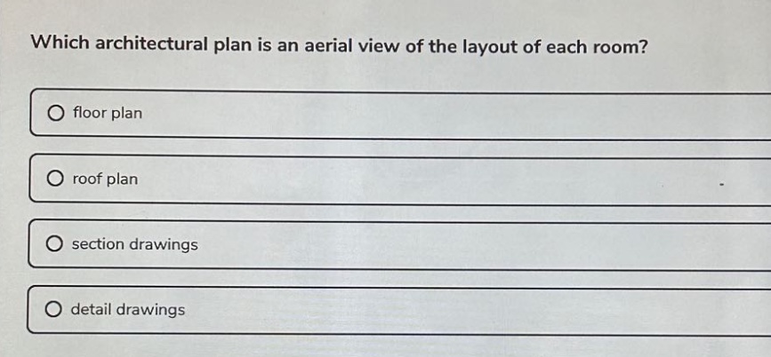 which architectural plan is an aerial view of the layout of each room?\n○ floor plan\n○ roof plan\n○ section drawings\n○ detail drawings