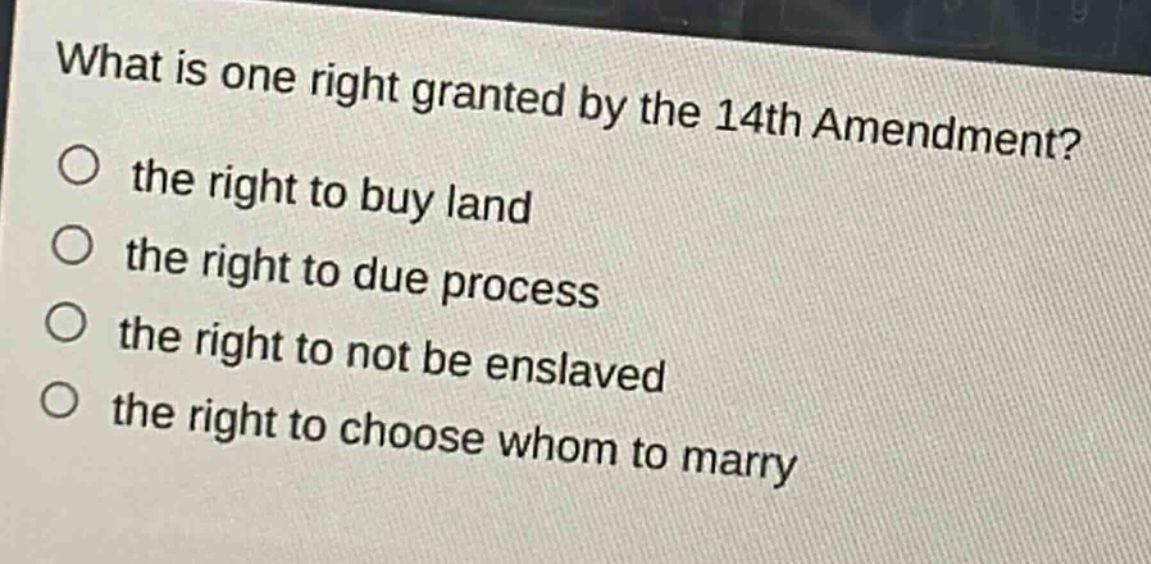 what is one right granted by the 14th amendment?\n the right to buy land\n the right to due process\n the right to not be enslaved\n the right to choose whom to marry