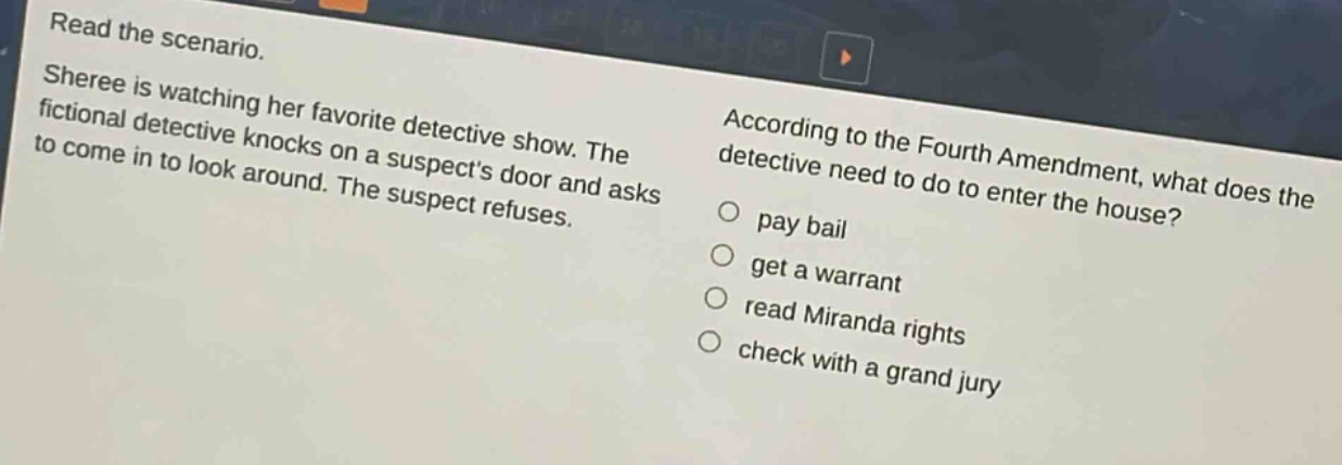 read the scenario. sheree is watching her favorite detective show. the fictional detective knocks on a suspects door and asks to come in to look around. the suspect refuses. according to the fourth amendment, what does the detective need to do to enter the house? pay bail get a warrant read miranda rights check with a grand jury