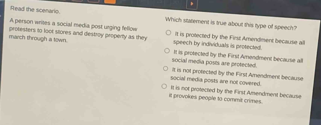 read the scenario. a person writes a social media post urging fellow protesters to loot stores and destroy property as they march through a town. which statement is true about this type of speech? it is protected by the first amendment because all speech by individuals is protected. it is protected by the first amendment because all social media posts are protected. it is not protected by the first amendment because social media posts are not covered. it is not protected by the first amendment because it provokes people to commit crimes.