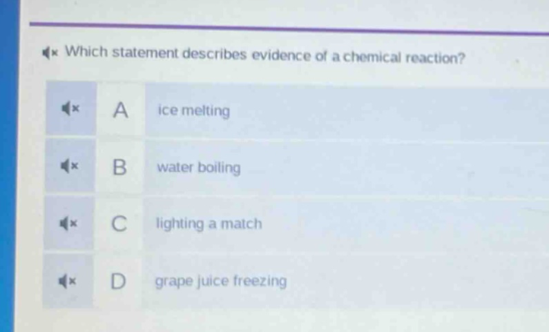 which statement describes evidence of a chemical reaction? a ice melting b water boiling c lighting a match d grape juice freezing