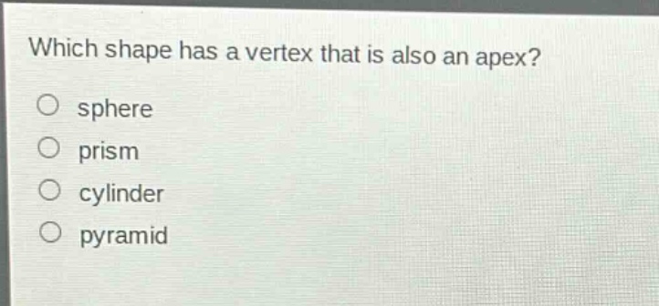 which shape has a vertex that is also an apex?\nsphere\nprism\ncylinder\npyramid