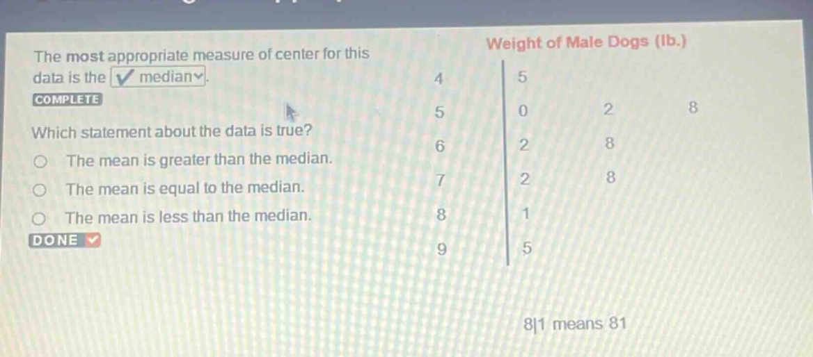 the most appropriate measure of center for this data is the median. complete which statement about the data is true? the mean is greater than the median. the mean is equal to the median. the mean is less than the median. done weight of male dogs (lb.) 4|5 5|0 2 8 6|2 8 7|2 8 8|1 9|5 8|1 means 81