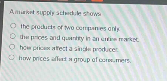 a market supply schedule shows\nthe products of two companies only.\nthe prices and quantity in an entire market.\nhow prices affect a single producer.\nhow prices affect a group of consumers.