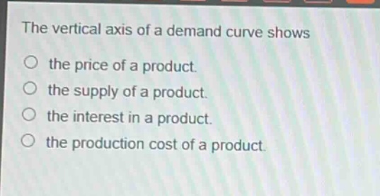 the vertical axis of a demand curve shows\n○ the price of a product.\n○ the supply of a product.\n○ the interest in a product.\n○ the production cost of a product.