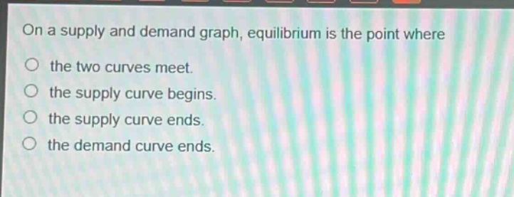 on a supply and demand graph, equilibrium is the point where\nthe two curves meet.\nthe supply curve begins.\nthe supply curve ends.\nthe demand curve ends.
