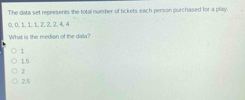 the data set represents the total number of tickets each person purchased for a play. 0, 0, 1, 1, 1, 2, 2, 2, 4, 4. what is the median of the data? o 1 o 1.5 o 2 o 2.5